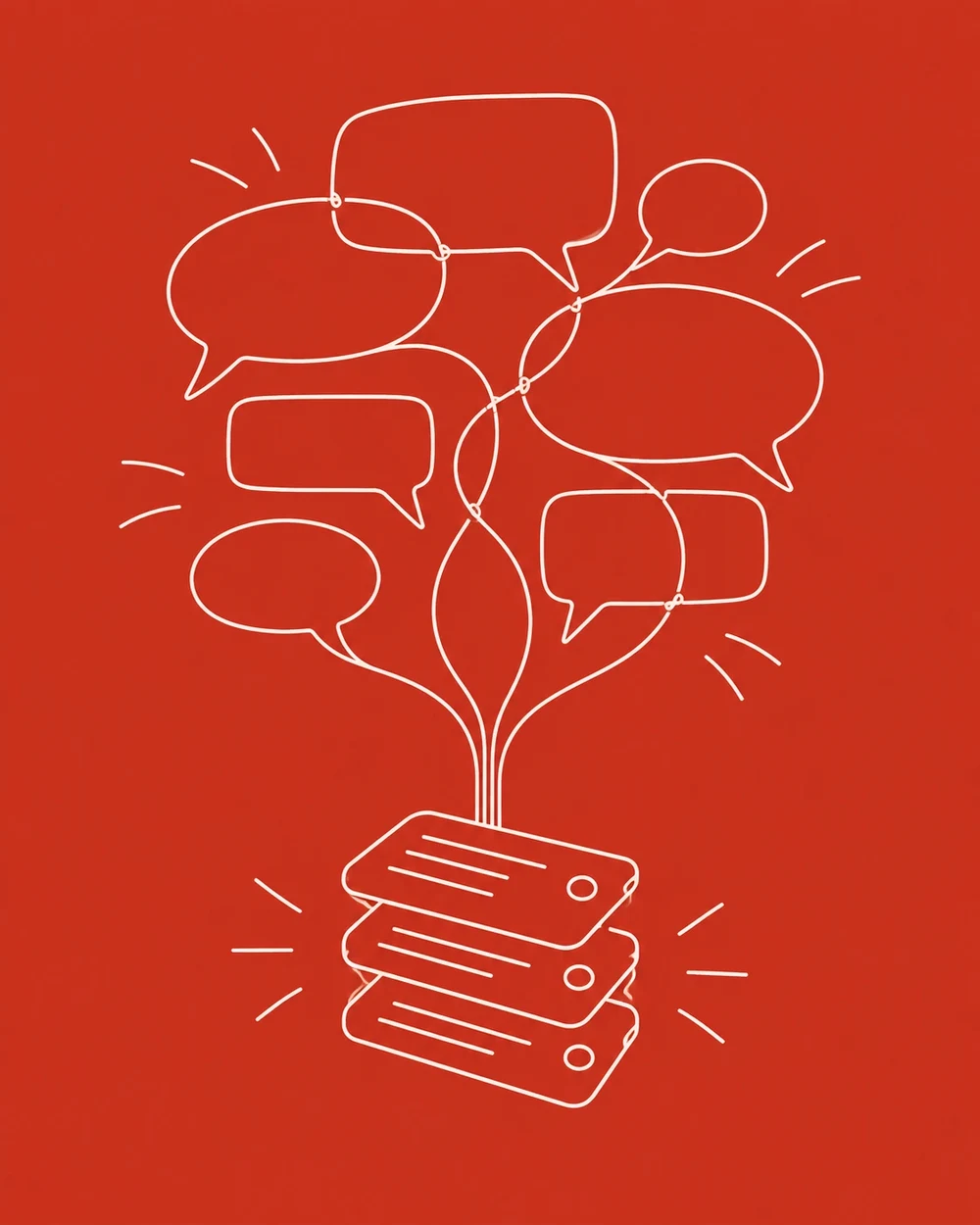 Line drawing of overlapping message bubbles funnelling into a tidy stack of cards.