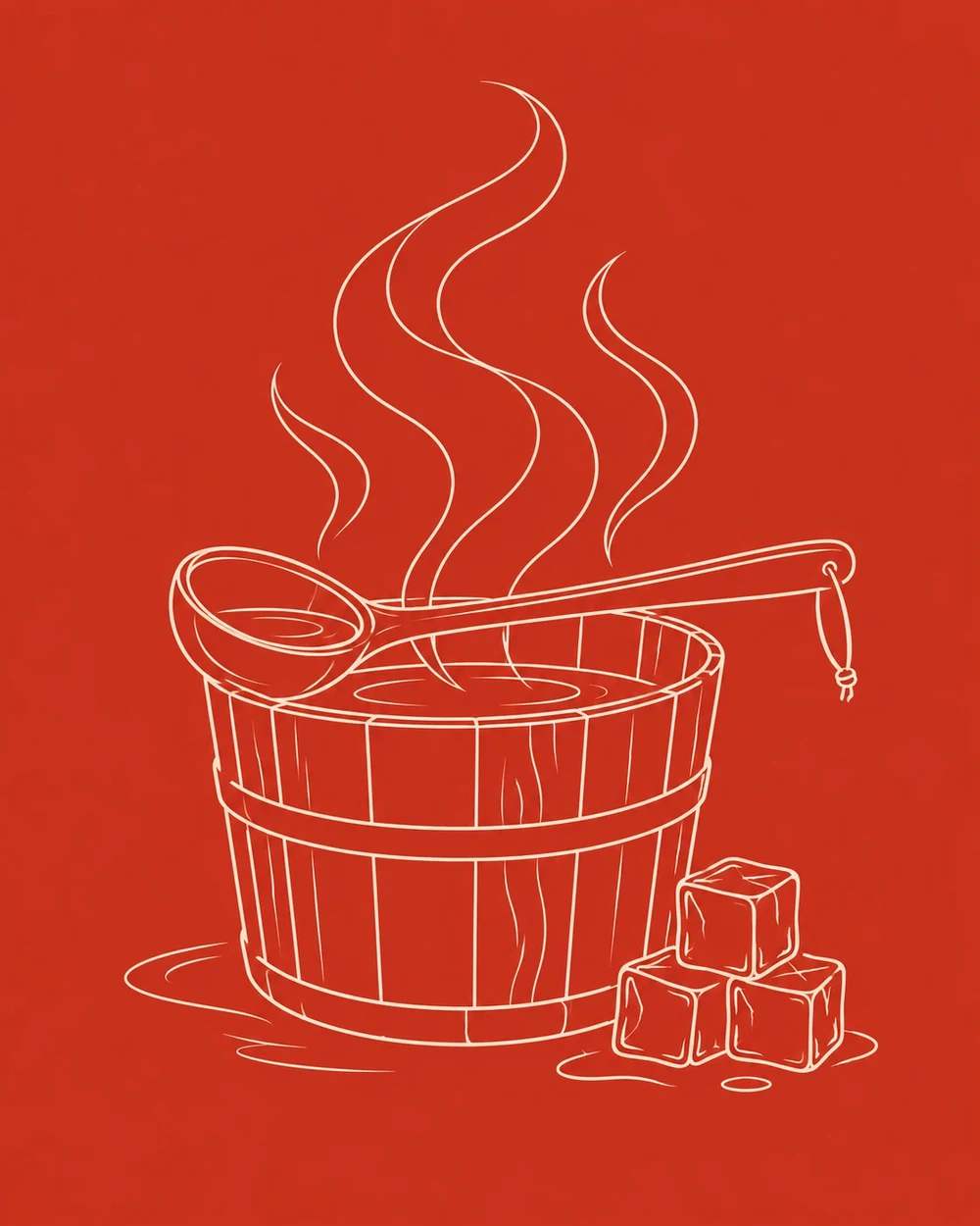 Line drawing of a sauna bucket and ladle with steam rising and ice cubes beside it.