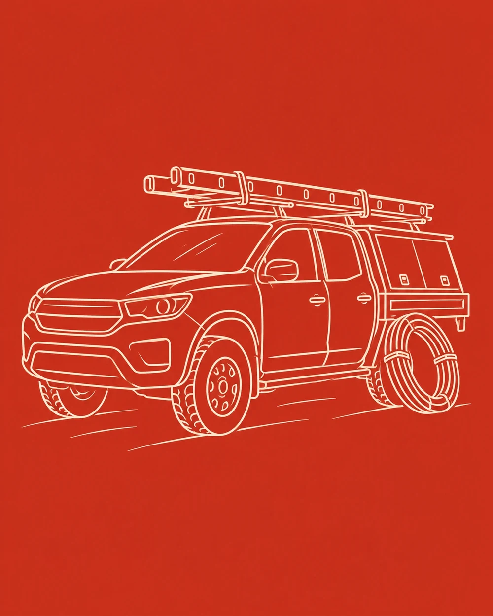 Line drawing of a tradesperson’s work ute with a ladder on the roof rack.