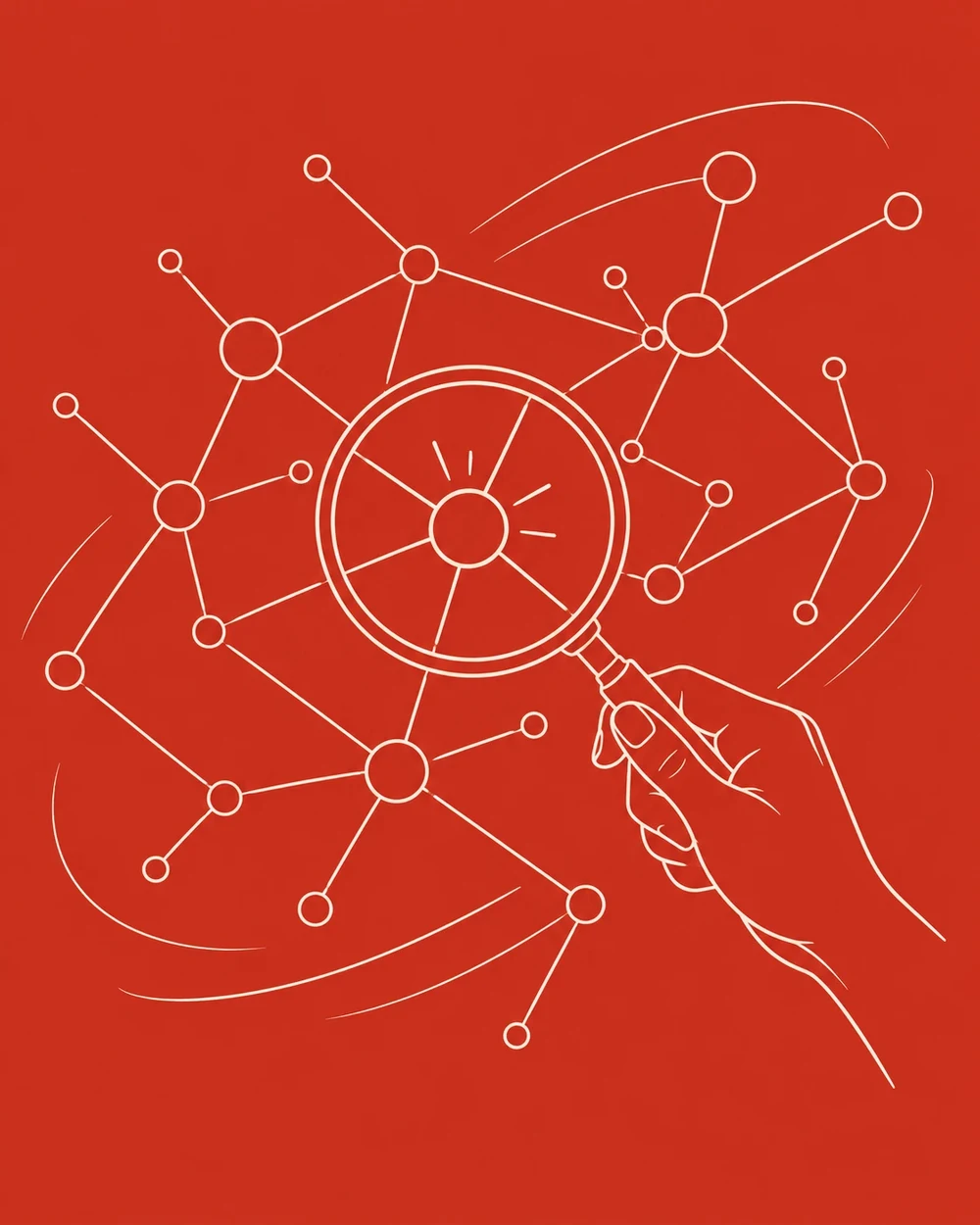 Line drawing of a web of connected nodes with a magnifying glass over one of them.