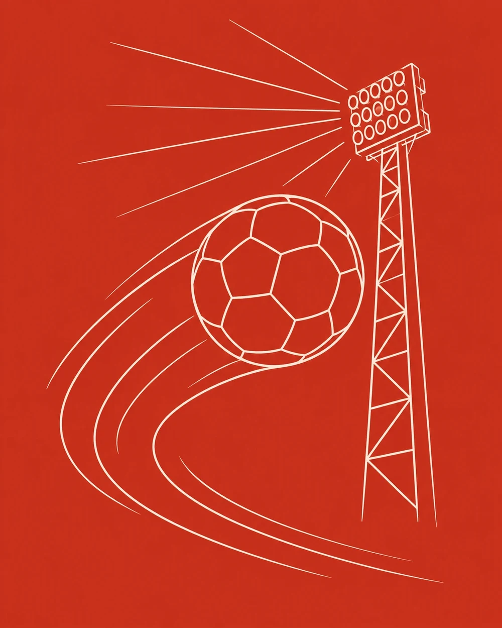 Line drawing of a football in flight with a stadium floodlight behind it.
